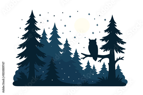 Night forest landscape silhouette with owl sitting on a tree branch under the full moon and starry sky