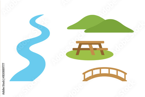 Winding river, mountains, picnic table, and bridge elements for nature and park scenes