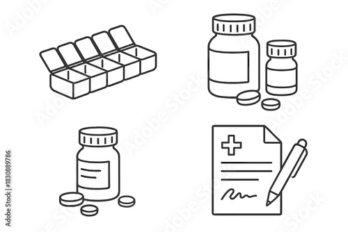 Set of pharmaceutical products, prescription documents, and daily pill box symbols