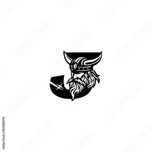 A fierce Viking head letter logo featuring a bold Nordic warrior shaped into an alphabet form, crafted with strong lines, modern style, and powerful identity for branding needs.