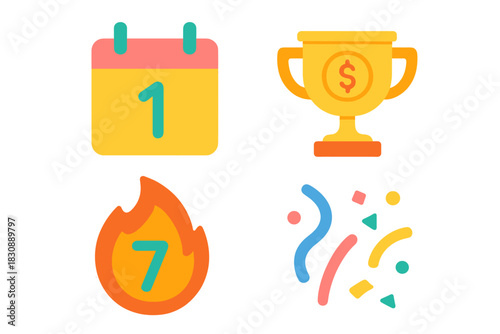 Vibrant icons set featuring calendar, golden trophy, flame streak, and festive confetti elements