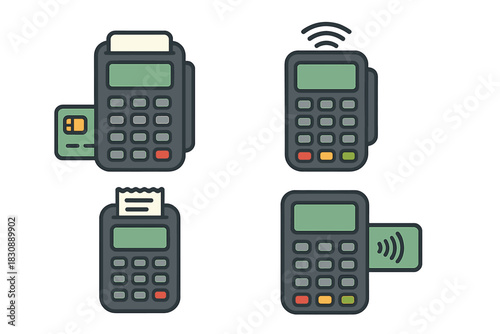 Set of four payment terminal symbols showing credit card transactions, NFC, and receipt printing
