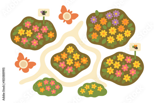 Colorful flower beds connected by winding paths with butterflies and insect signs in a stylized garden layout