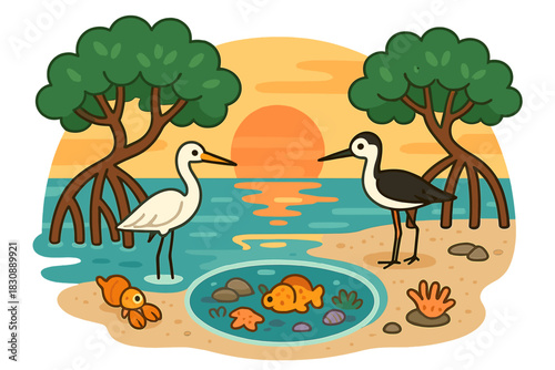 Coastal ecosystem scene with wading birds, mangrove trees, and a vibrant sunset over the ocean
