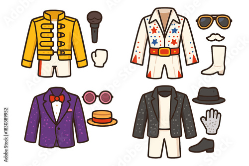 Iconic stage performance outfits and accessories set for legendary musicians