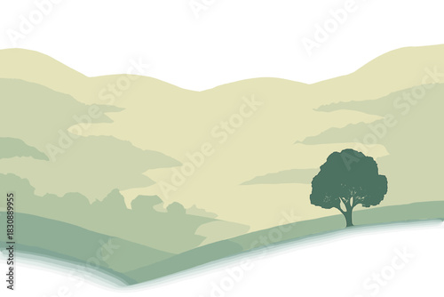 Minimalist layered landscape featuring rolling hills and solitary tree silhouette