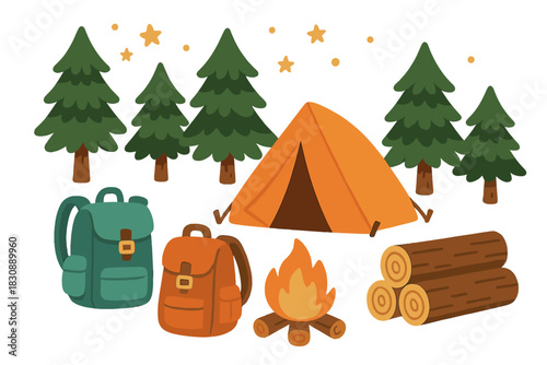Outdoor camping set with tent, backpacks, burning campfire, and pine trees under the night sky