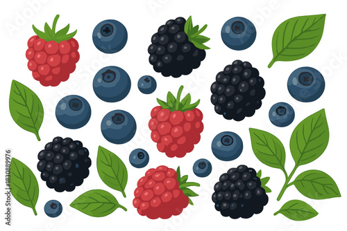 Fresh summer berries assortment including raspberries, blueberries, and blackberries with green leaves