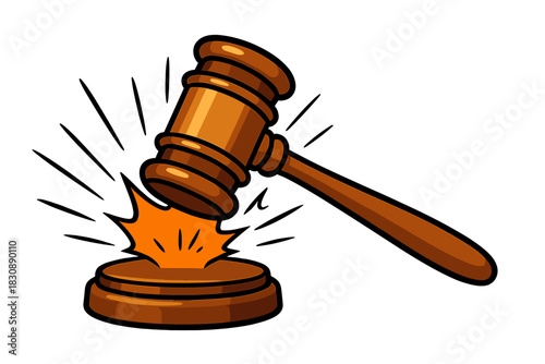 Wooden judge's gavel striking sound block with powerful impact flash and dynamic lines