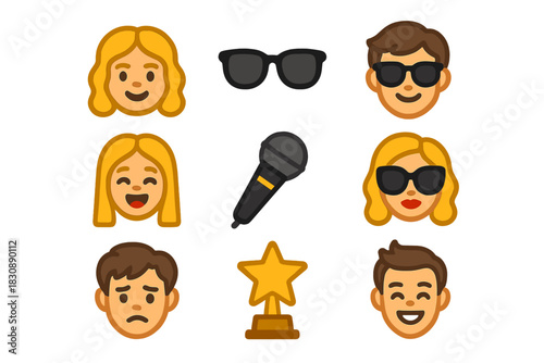 Set of celebrity and entertainment icons featuring faces, emotions, sunglasses, microphone, and star award trophy