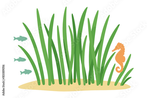 Seahorse and small fish swimming among tall green seaweed on a sandy ocean floor