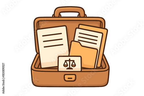 Open briefcase containing legal documents, folders, and a business card with scales of justice symbol