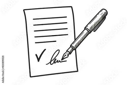 Black and white sketch of a signed agreement document with a checkmark and fountain pen