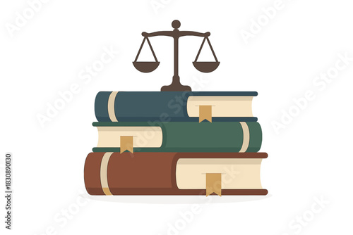 Justice scales symbol resting on a stack of colorful law books with bookmarks
