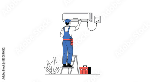 An AC repair technician performing routine maintenance on a wall-mounted air conditioning unit, standing on a ladder.