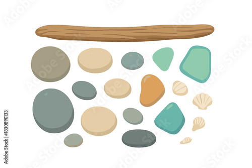 Smooth beach stones, colorful sea glass, seashells, and driftwood collection on white