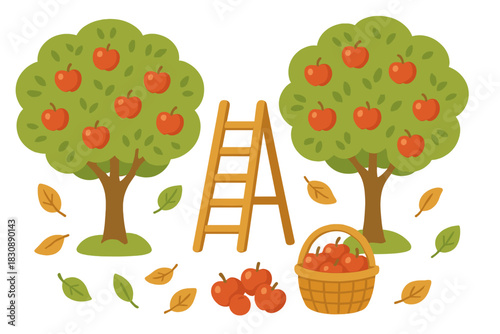 Two cartoon trees with ripe red fruit, a wooden ladder, and a harvest basket full of fresh apples