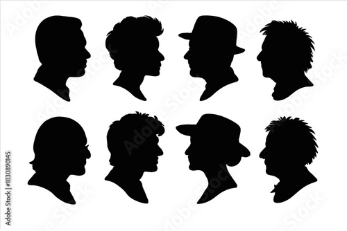 Diverse collection of male and female profile silhouettes with various hairstyles and hats