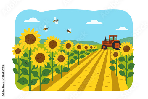 Vibrant summer field of tall sunflowers with a farm tractor working the land and flying bees
