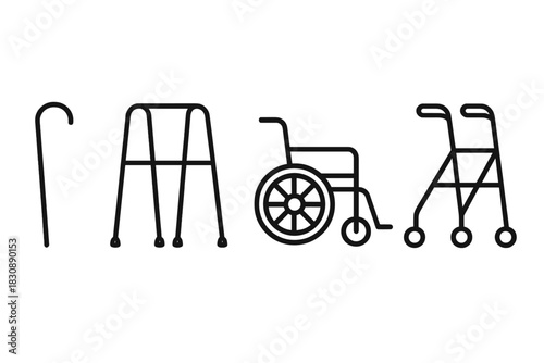 Mobility aid symbols featuring a cane, standard walker, wheelchair, and rollator
