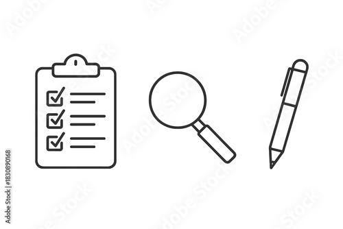 Clipboard, Magnifying Glass, and Pen Icons for Task Management and Analysis