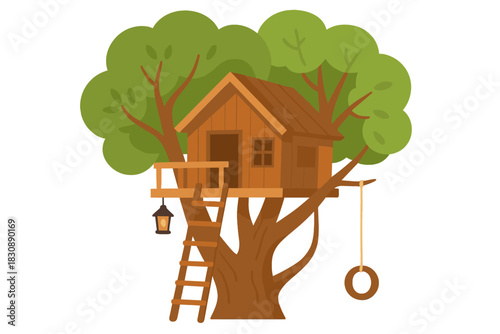 Cozy wooden treehouse built high in the branches of a large green tree with ladder and tire swing