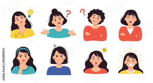 Diverse female cartoon characters express a range of human emotions and facial expressions, including happiness, anger, confusion, and thought.