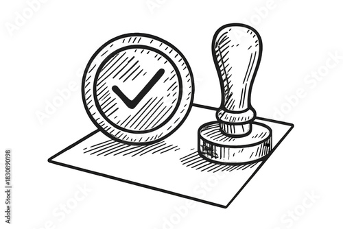 Hand drawn sketch of a rubber stamp pressing a checkmark approval symbol on paper