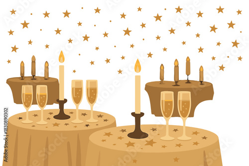 Golden celebration tables with champagne flutes and burning candles under falling stars background