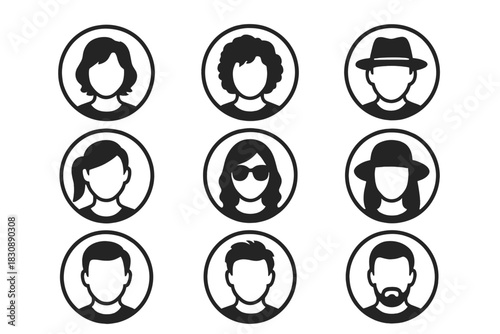 Set of nine diverse user profile avatars in black and white circle icons