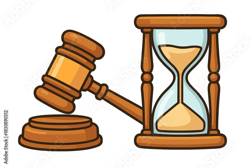 Classic wooden gavel and sound block paired with a large sand timer hourglass