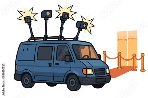 Blue news van equipped with multiple flashing cameras parked near a red carpet entrance