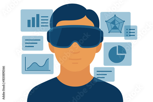 Professional man wearing virtual reality goggles viewing complex holographic data charts and graphs