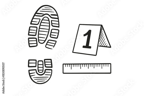 Hand drawn collection of crime scene investigation elements featuring a footprint, evidence marker, and ruler