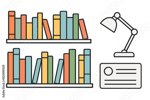 Collection of colorful books stacked on shelves next to a desk lamp and ID card