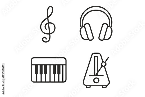 Essential music and sound icons set featuring treble clef, headphones, keyboard, and metronome