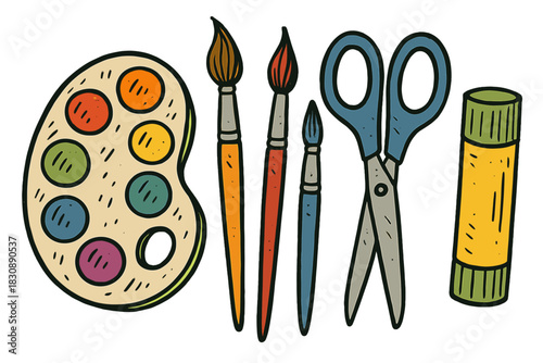 Colorful art supplies collection including paint palette, brushes, scissors, and glue stick