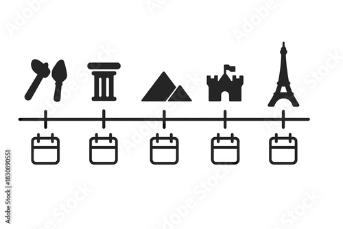 World history timeline with icons representing major civilization periods and eras