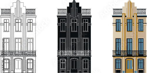 Set of Lisbon building facades architectural vector illustration in different color schemes isolated on white background