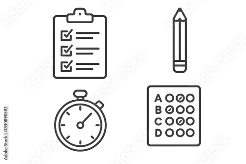 Essential line icons for examination, test, quiz, and assessment: clipboard, pencil, stopwatch, answer sheet