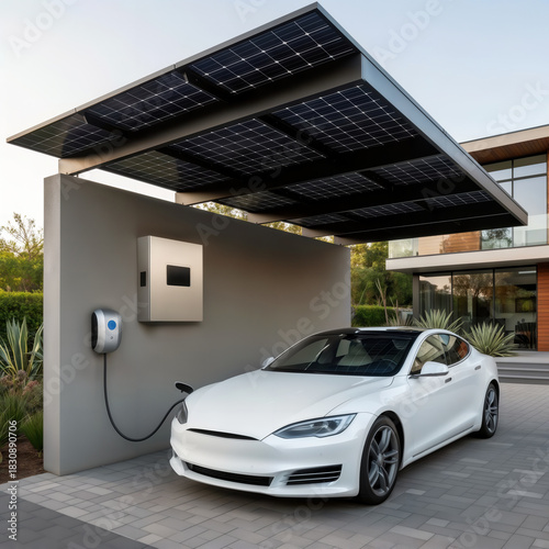 Electric car charging under solar carport at modern home.