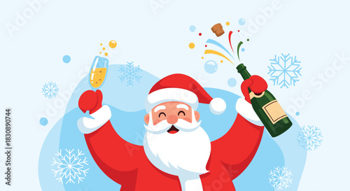 Santa Claus joyfully celebrates the winter holidays with a glass of sparkling champagne and a popping bottle, surrounded by festive snowflakes.