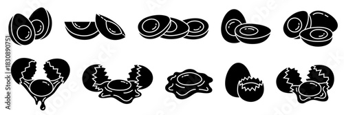 Egg icon set. Broken eggs icons. Cracked eggshell symbols isolated on white background. Happy Easter Day. Fried or boiled half and slices chicken eggs. Allergen free icon label. Vector Illustration.