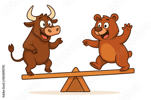 Bull and bear balancing on a wooden seesaw symbolizing stock market volatility and finance