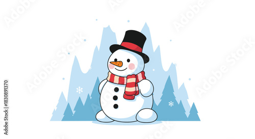 Adorable cartoon snowman with a carrot nose and rosy cheeks, wearing a top hat and scarf, standing in a snowy landscape with blue trees and mountains.