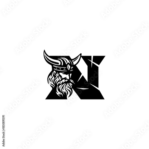 A fierce Viking head letter logo featuring a bold Nordic warrior shaped into an alphabet form, crafted with strong lines, modern style, and powerful identity for branding needs.