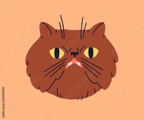 Cat head with comic funny expression. Feline animal face, angry annoyed irritated emotion, cute furious frowning muzzle in anger, rage. Humorous ridiculous kitty mem. Flat vector illustration.