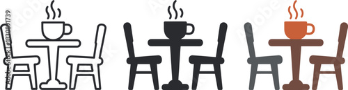 Cozy cafe table with steaming coffee and chairs vector illustration set of icons