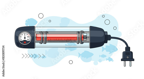 Aquarium heater with adjustable thermostat and power plug, designed for maintaining optimal water temperature in a fish tank, surrounded by stylized fish and bubbles.