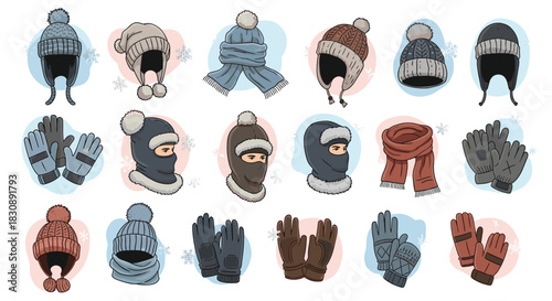 A diverse collection of colorful hand-drawn winter accessories, featuring warm knitted hats, balaclavas, scarves, and various gloves.
